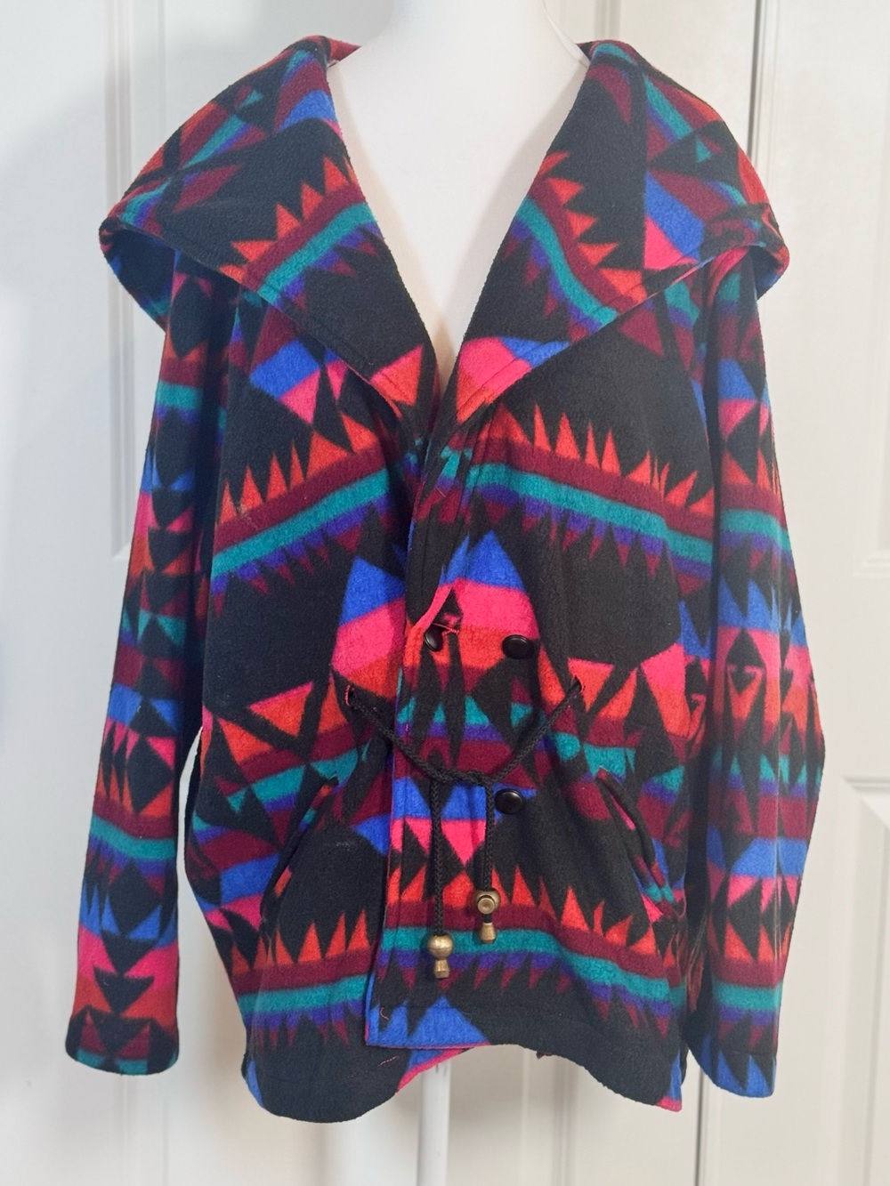 Vintage Southwestern Fleece Jacket Climate Zone M Hooded Oversized 90s Boho Cozy